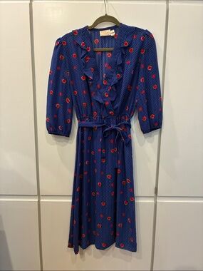 Vintage Blue Polka Dot Ruffle Wrap Dress with Red Flowers, slip included
